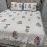 SUMMER JAIPURI STYLE MUL MUL SOFT COTTON QUILTED KING SIZE BEDCOVER IN BLOCK PRINT