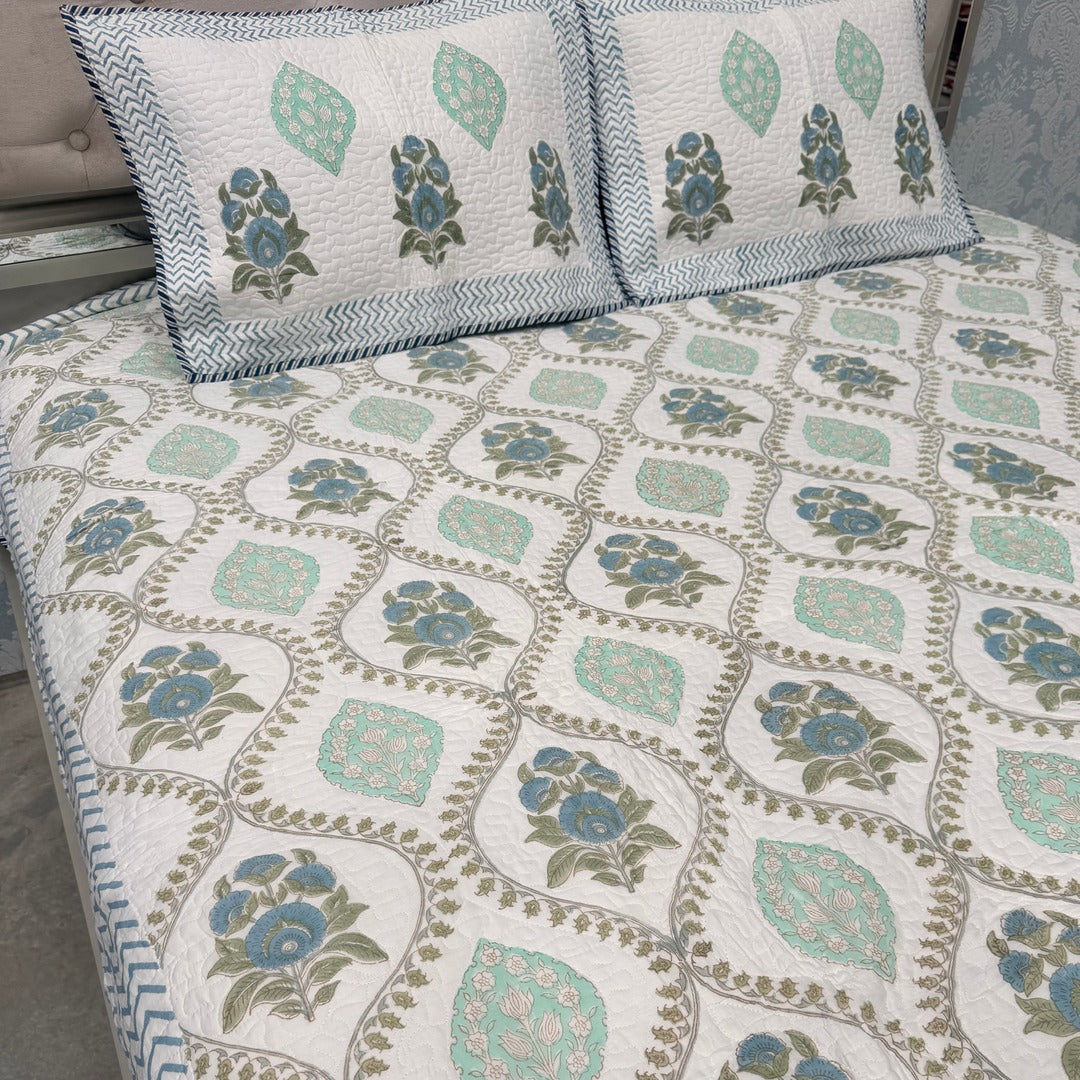 SUMMER JAIPURI STYLE MUL MUL SOFT COTTON QUILTED KING SIZE PURE SOFT COTTON BEDCOVER IN BLOCK PRINT