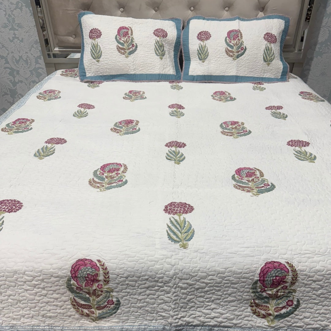 SUMMER JAIPURI STYLE MUL MUL SOFT COTTON QUILTED KING SIZE BEDCOVER IN BLOCK PRINT