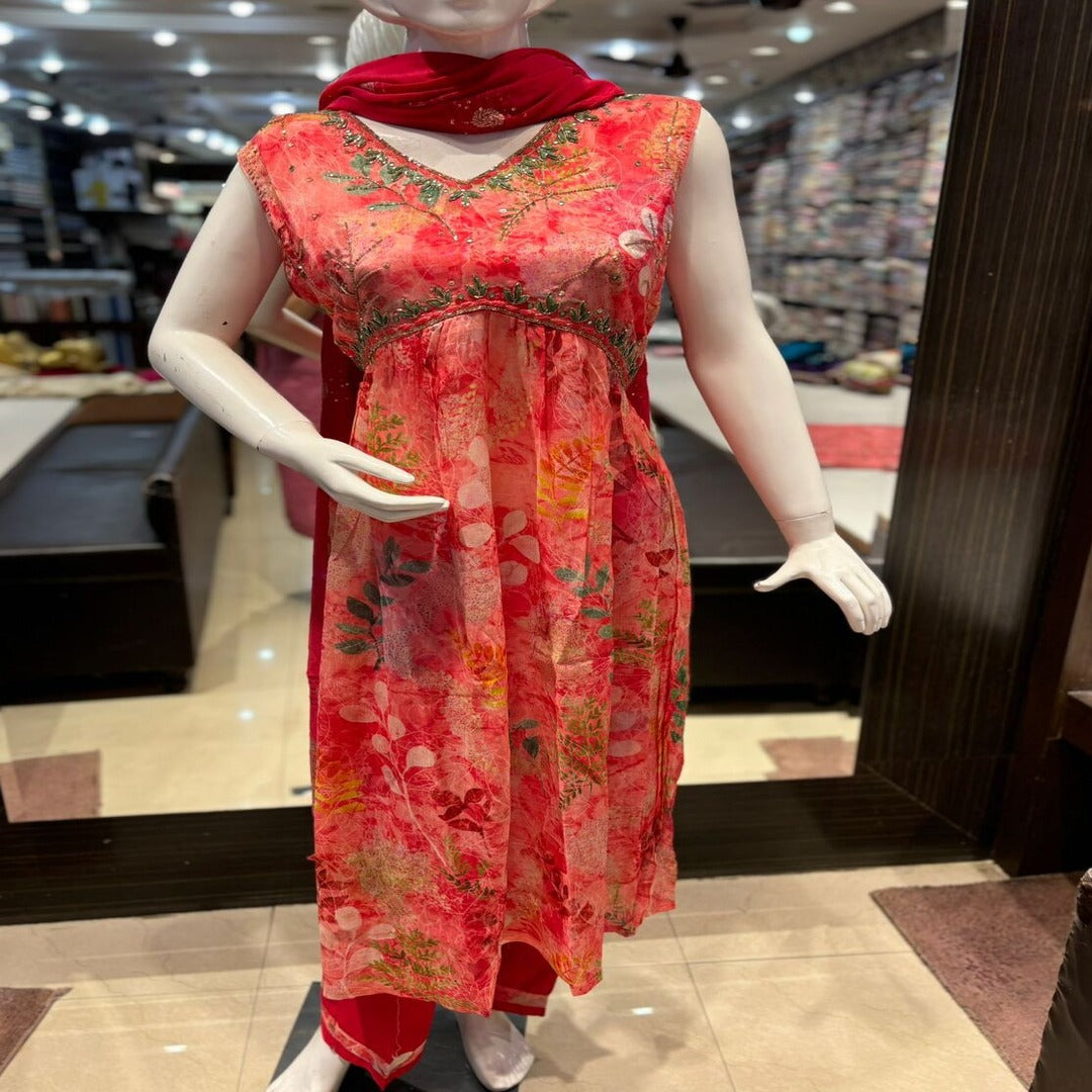 CHINON FABRIC 2 PCS DRESS WITH COTTON ZARRI WORK DUPATTA AND PANT