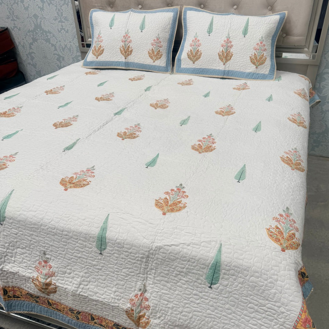 SUMMER JAIPURI STYLE MUL MUL SOFT COTTON QUILTED KING SIZE PURE SOFT COTTON BEDCOVER IN BLOCK PRINT