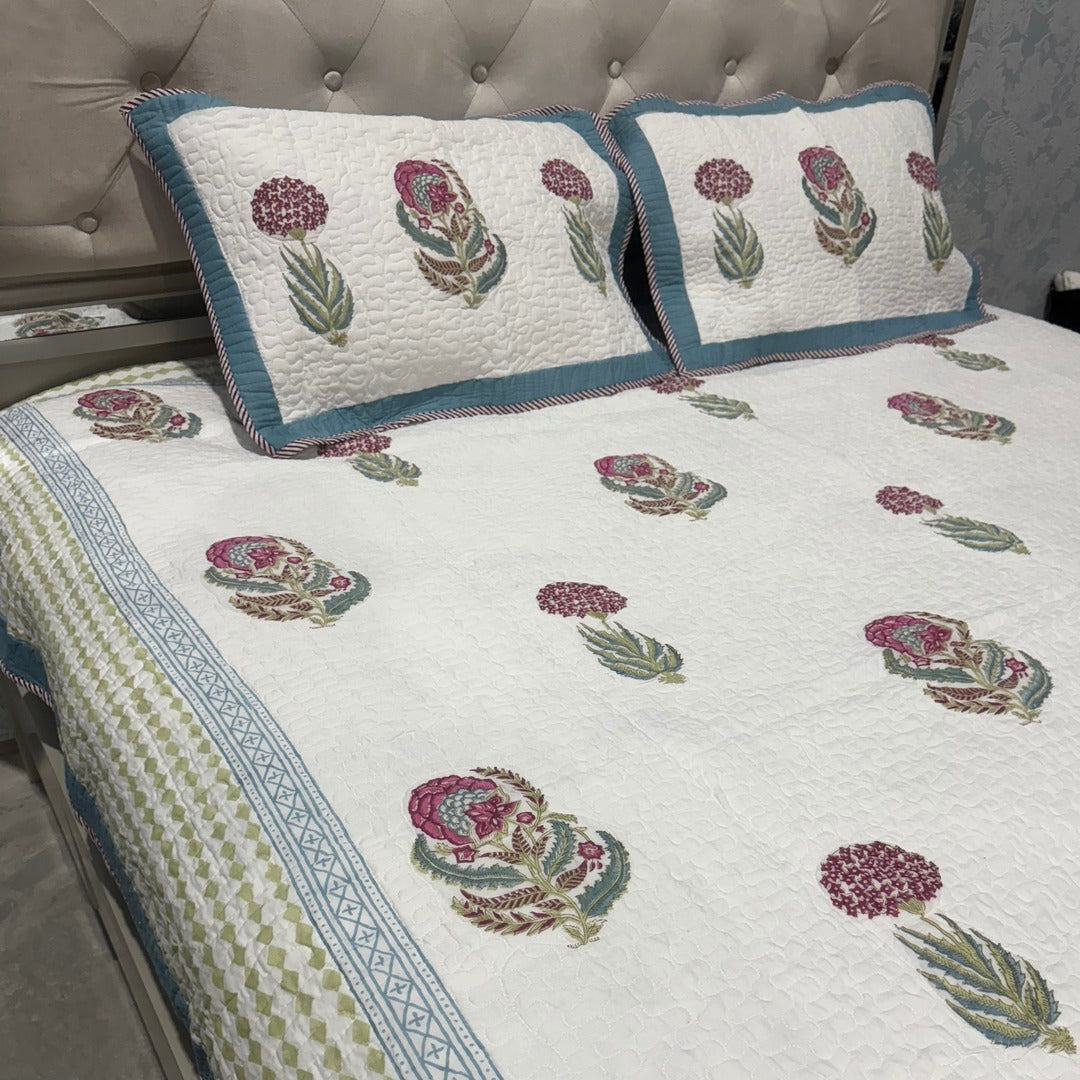 SUMMER JAIPURI STYLE MUL MUL SOFT COTTON QUILTED KING SIZE BEDCOVER IN BLOCK PRINT