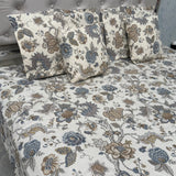 SUMMER JAIPURI STYLE PURE COTTON SUPER KING SIZE BEDSHEET SET WITH QUILTED PILLOW COVERS AND CUSIONS