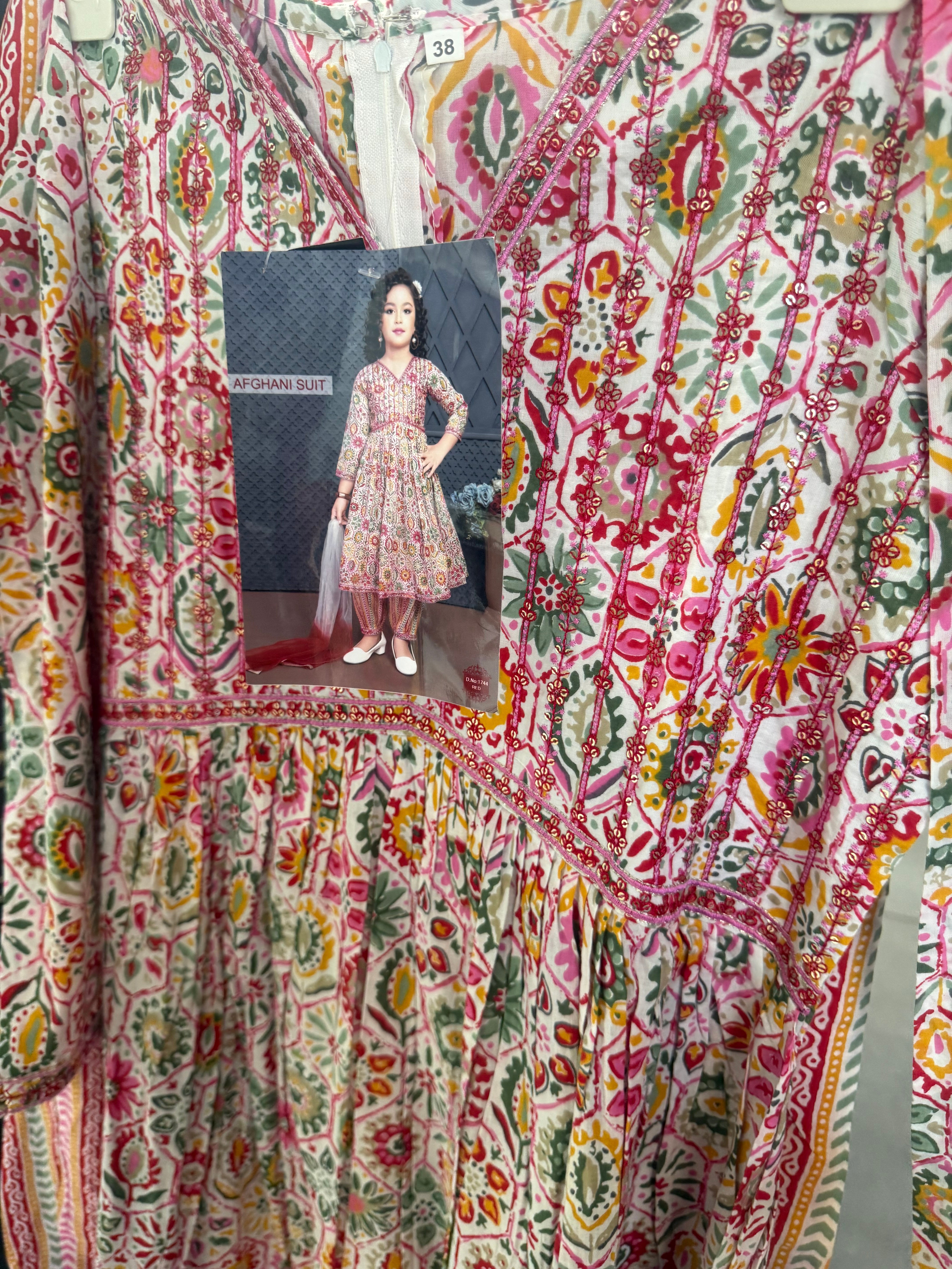 GIRLS PURE COTTON FROK SUIT WOTH AFGANI SALWAR AND NET DUPPATA SIZE 38