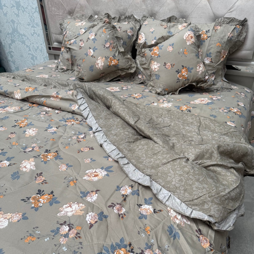 SUMMER KING SIZE GLACE COTTON 6 PCS REVERSIBLE COMFORTER SET WITH SUPER KING SOZE BEDSHEET