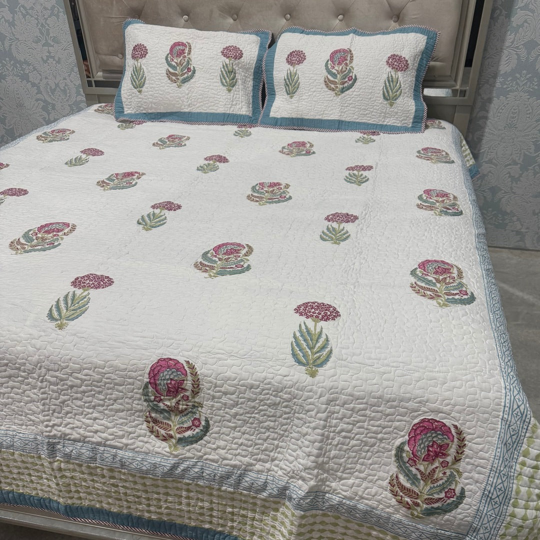 SUMMER JAIPURI STYLE MUL MUL SOFT COTTON QUILTED KING SIZE BEDCOVER IN BLOCK PRINT
