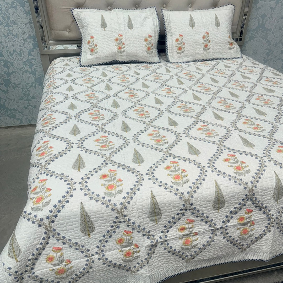 SUMMER JAIPURI STYLE MUL MUL SOFT COTTON QUILTED KING SIZE PURE SOFT COTTON BEDCOVER IN BLOCK PRINT