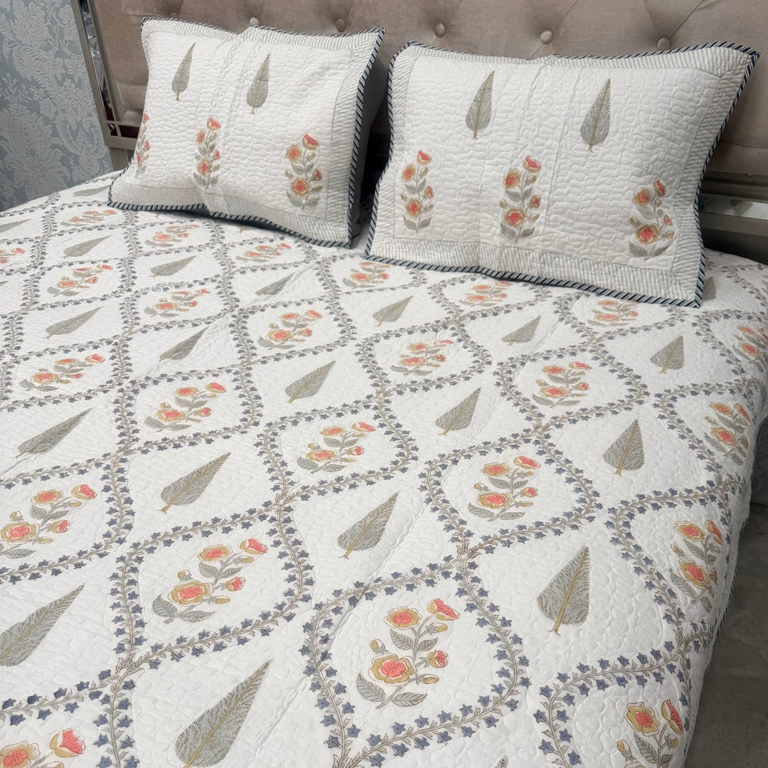 SUMMER JAIPURI STYLE MUL MUL SOFT COTTON QUILTED KING SIZE PURE SOFT COTTON BEDCOVER IN BLOCK PRINT