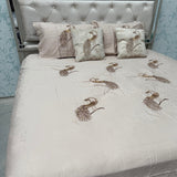 SUMMER PEACOCK DESINE 5 PCS PURE COTTON SUPER KING SIZE BEDHSEET SET WITH VELVET CUSIONS AND EMBROIDERY