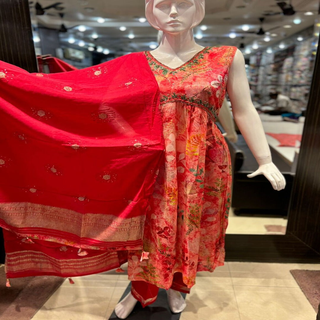 CHINON FABRIC 2 PCS DRESS WITH COTTON ZARRI WORK DUPATTA AND PANT