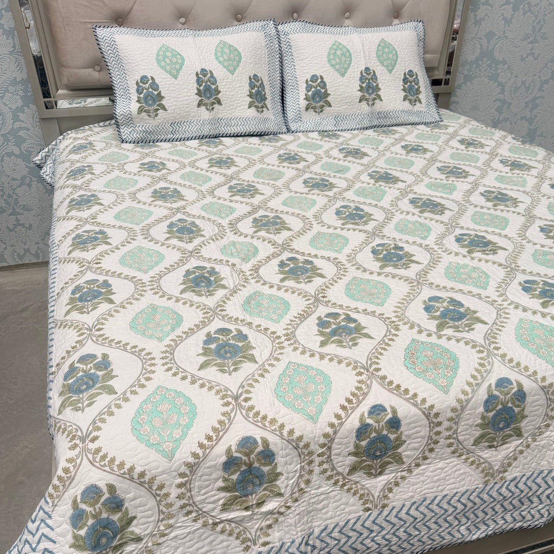 SUMMER JAIPURI STYLE MUL MUL SOFT COTTON QUILTED KING SIZE PURE SOFT COTTON BEDCOVER IN BLOCK PRINT