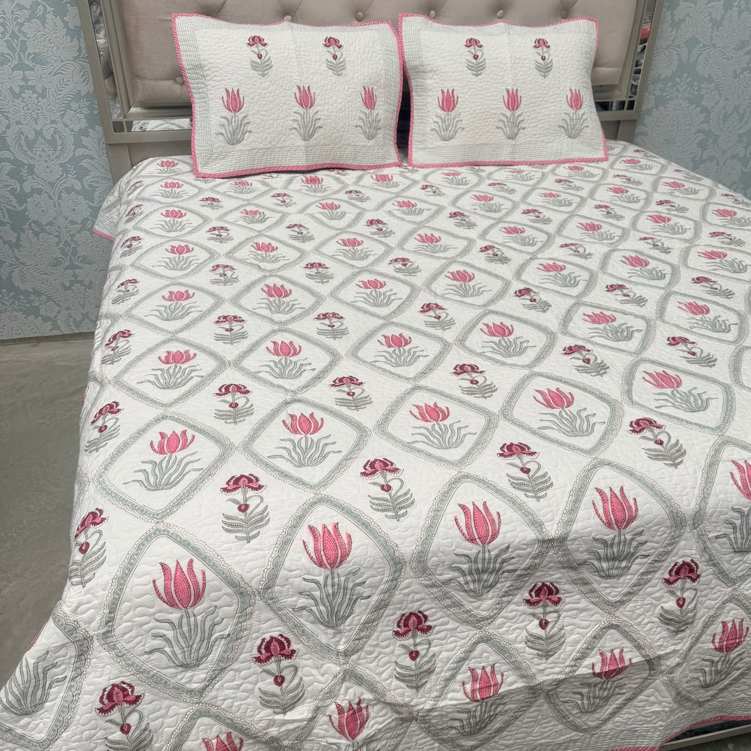 SUMMER JAIPURI STYLE MUL MUL SOFT COTTON QUILTED KING SIZE PURE SOFT COTTON BEDCOVER IN BLOCK PRINT