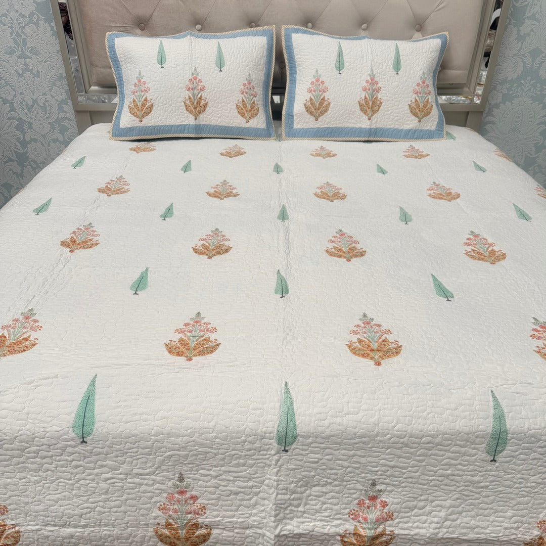 SUMMER JAIPURI STYLE MUL MUL SOFT COTTON QUILTED KING SIZE PURE SOFT COTTON BEDCOVER IN BLOCK PRINT