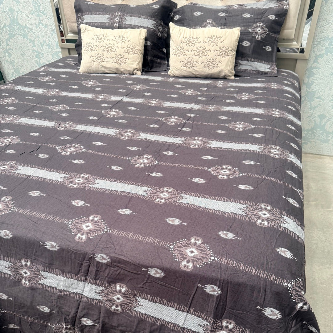 SUMMER PURE COTTON SUPER KING SIZE 5 PCS BEDSHEET SET WITH 2 VELVET CUSIONS