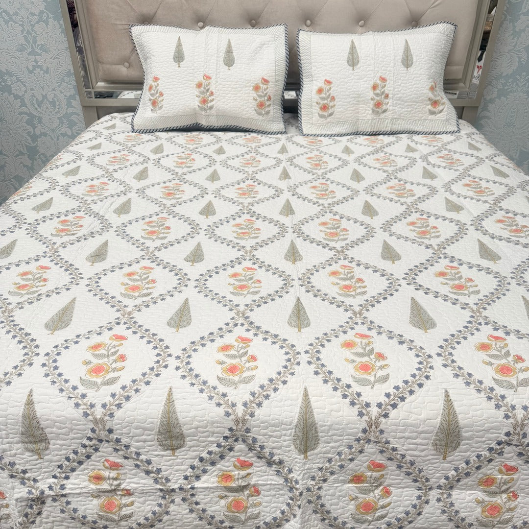 SUMMER JAIPURI STYLE MUL MUL SOFT COTTON QUILTED KING SIZE PURE SOFT COTTON BEDCOVER IN BLOCK PRINT
