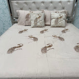 SUMMER PEACOCK DESINE 5 PCS PURE COTTON SUPER KING SIZE BEDHSEET SET WITH VELVET CUSIONS AND EMBROIDERY